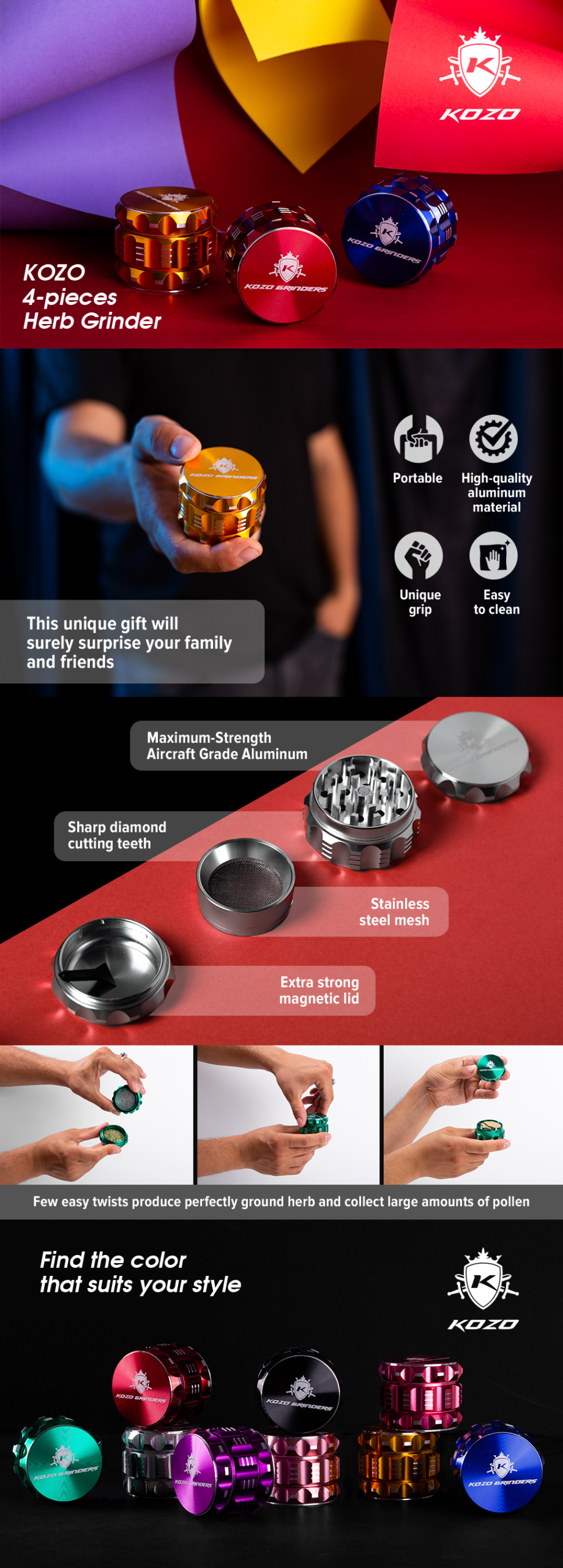 Kozo 2" Aluminum Grinder Display Box 12-Pack Mixed Colors - Image 2