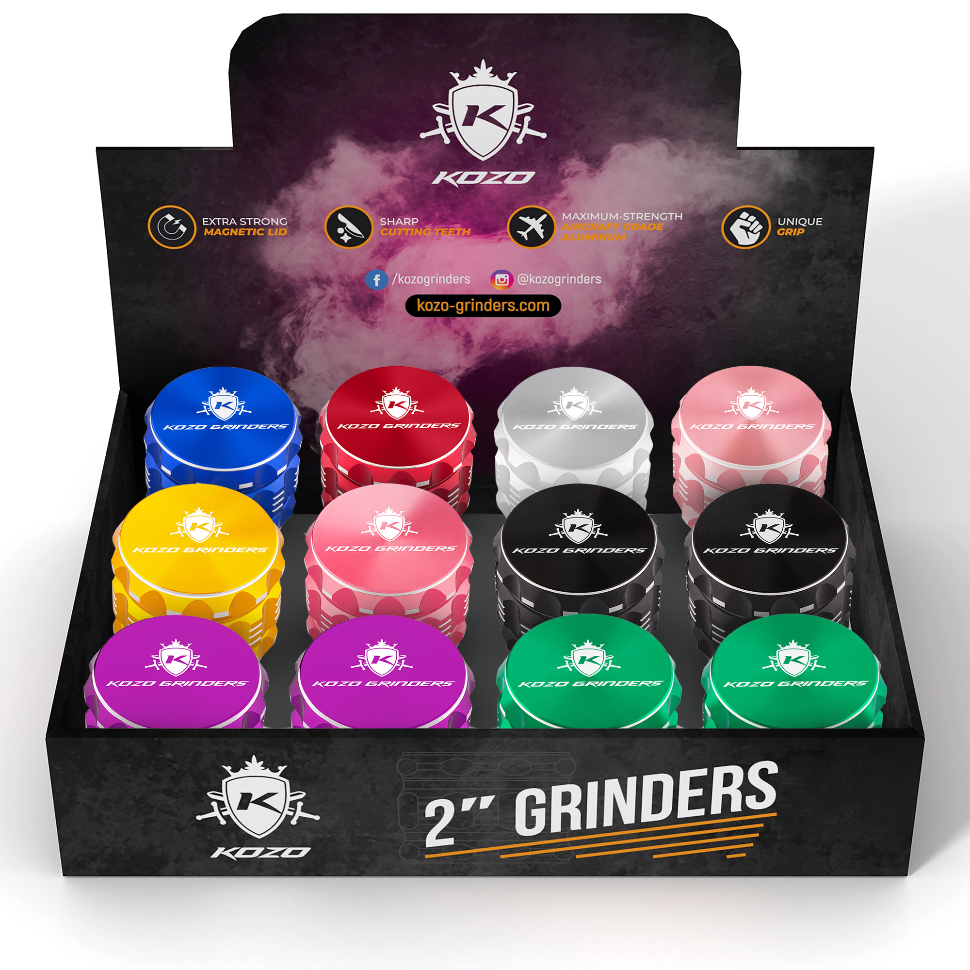 Kozo 2" Aluminum Grinder Display Box 12-Pack Mixed Colors